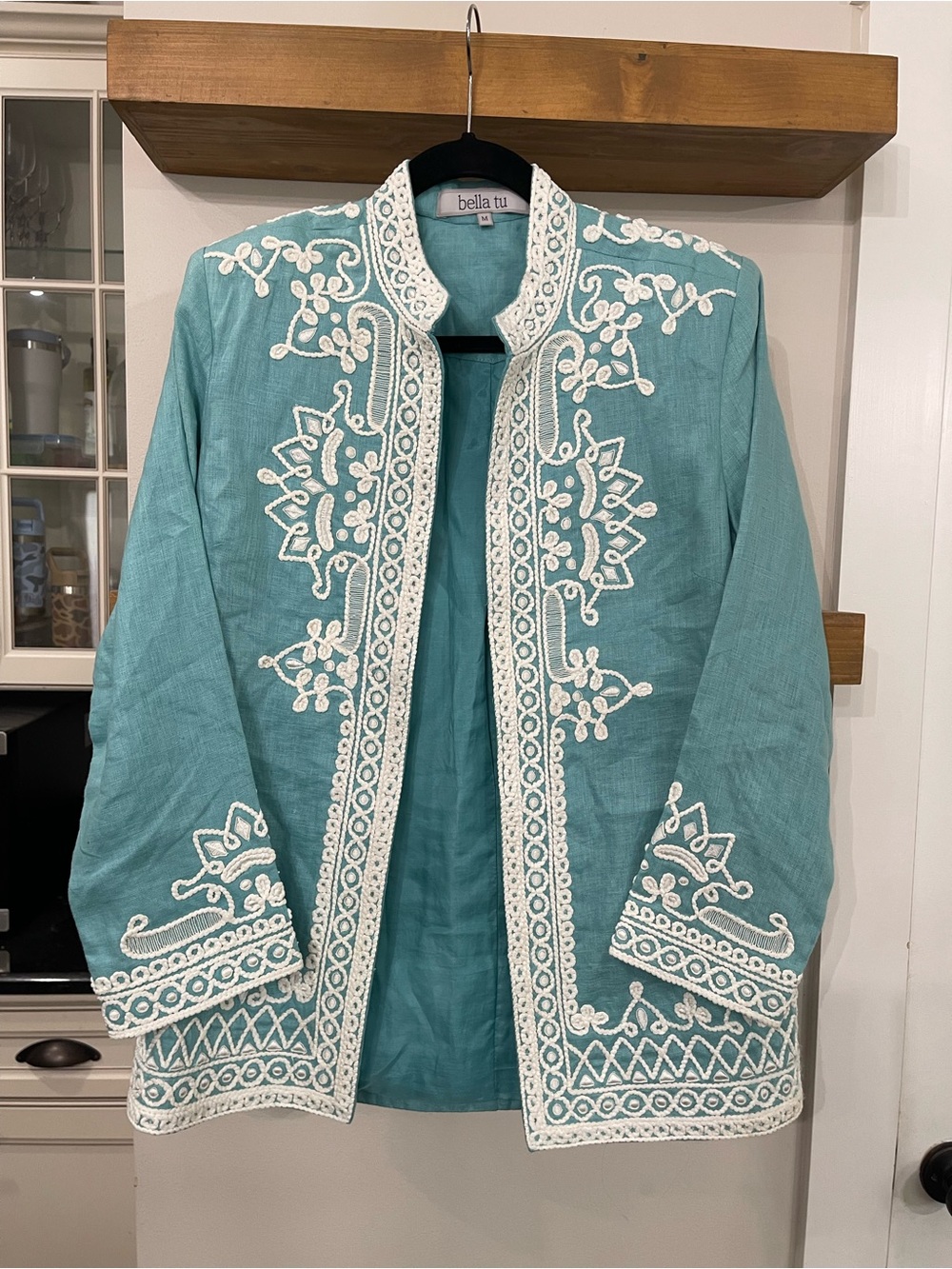 $450 Bella Tu teal linen Ceci jacket